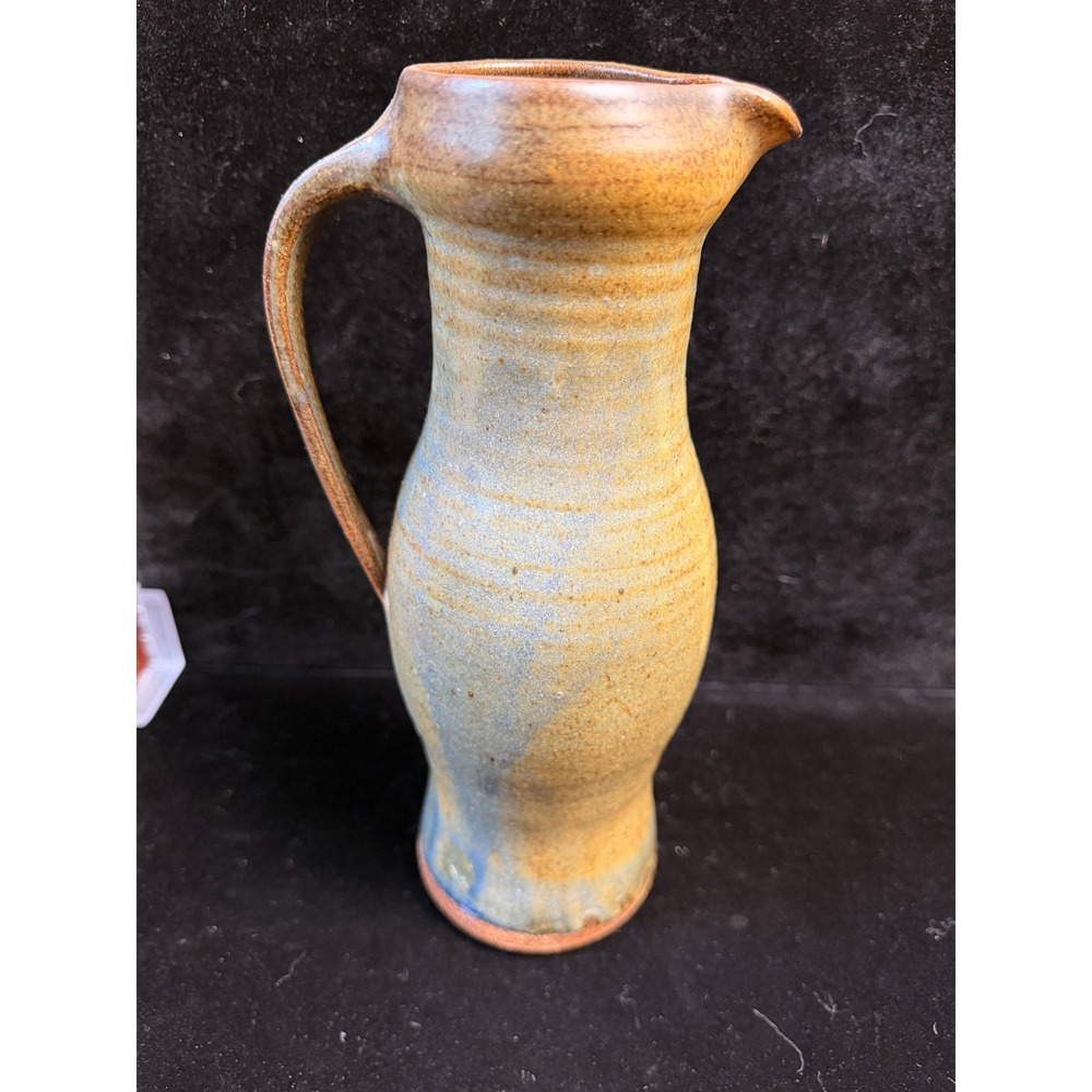 Studio Pottery Hand Thrown Stoneware Pitcher Signed Earthy Blue Tan Salt Glaze
